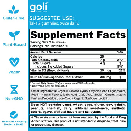 Goli Ashwagandha & Vitamin D Gummies – 180 Count, Mixed Berry, Vegan, Pack of 3