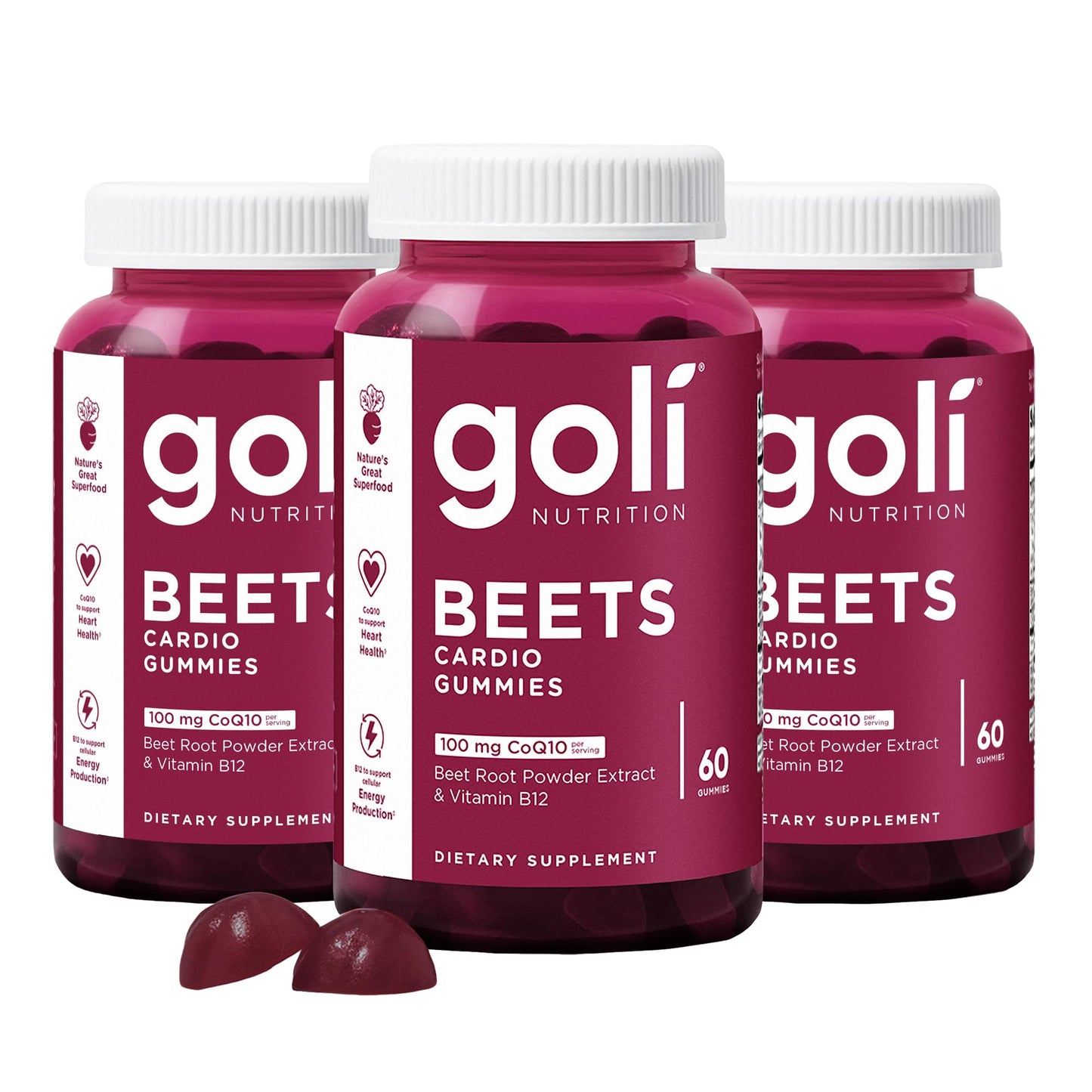 Goli Beets Cardio Gummies with CoQ10 & Vitamin B12 – Beetroot Extract for Cardiovascular Wellness – Vegan, Non-GMO, Gluten-Free – 60 Count (3 Pack)
