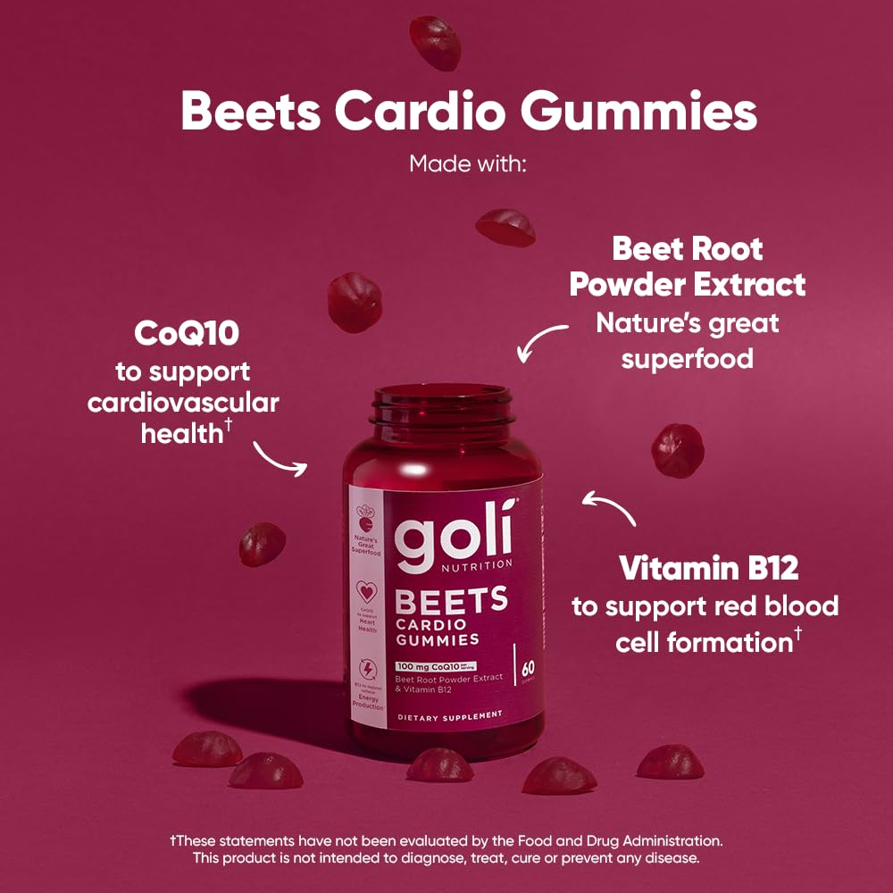 Goli Beets Cardio Gummies with CoQ10 & Vitamin B12 – Beetroot Extract for Cardiovascular Wellness – Vegan, Non-GMO, Gluten-Free – 60 Count (3 Pack)