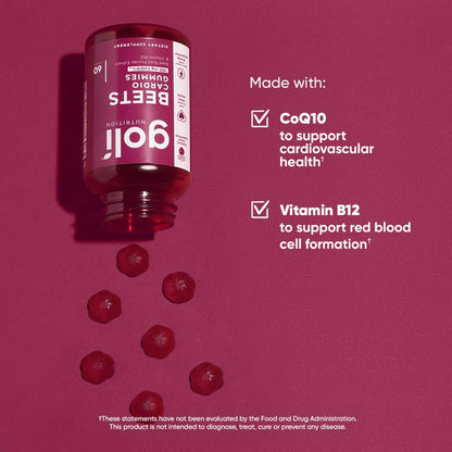 Goli Beets Cardio Gummies with CoQ10 & Vitamin B12 – Beetroot Extract for Cardiovascular Wellness – Vegan, Non-GMO, Gluten-Free – 60 Count (3 Pack)