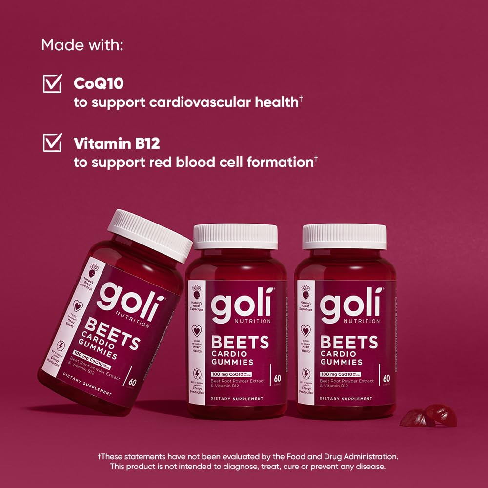 Goli Beets Cardio Gummy - 60 Count, 100mg CoQ10 & Beet Root Extract | Vegan, Gluten-Free, Non-GMO