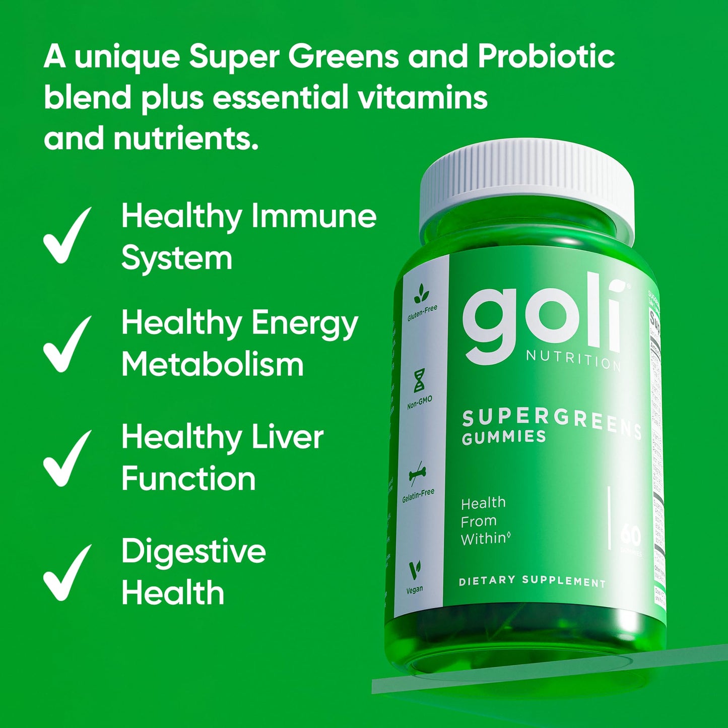 Goli Supergreens Gummies with Probiotics – Artichoke Leaf, Spirulina & Kale | Vegan, Gluten-Free, Non-GMO – 60 Count (5 Pack)