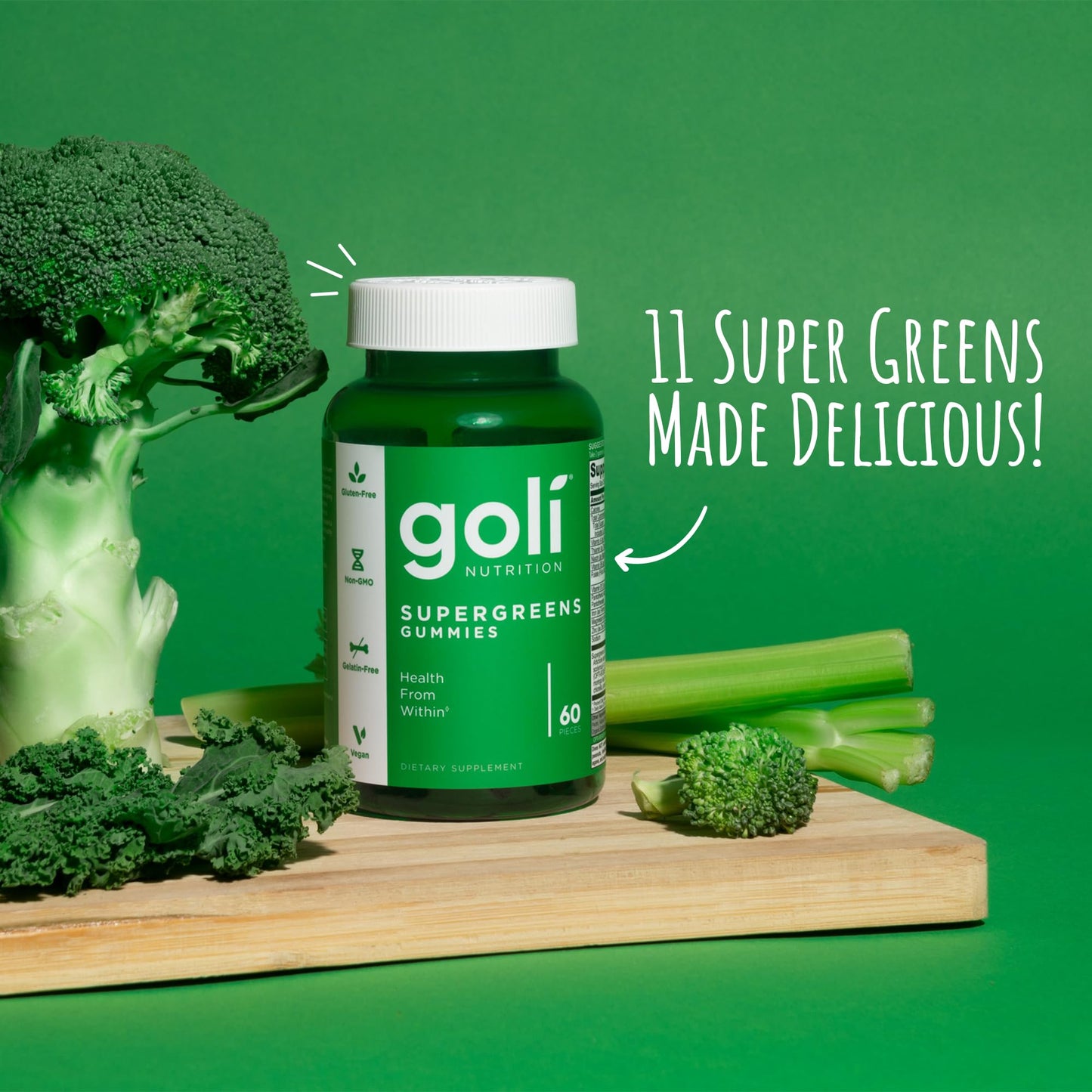 Goli Supergreens Gummies with Probiotics – Artichoke Leaf, Spirulina & Kale | Vegan, Gluten-Free, Non-GMO – 60 Count (5 Pack)