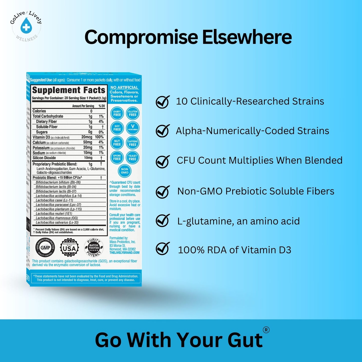 GoLive Synbiotic Powder: Prebiotic & Probiotic for Gut Health (15-50B CFUs)