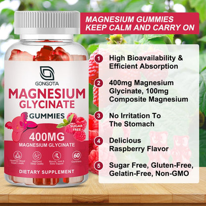 GONGOTA Magnesium Glycinate Gummies 400 mg + 100 mg Magnesium Compound with Vitamin D & B6 | Sugar-Free, 180 Gummies