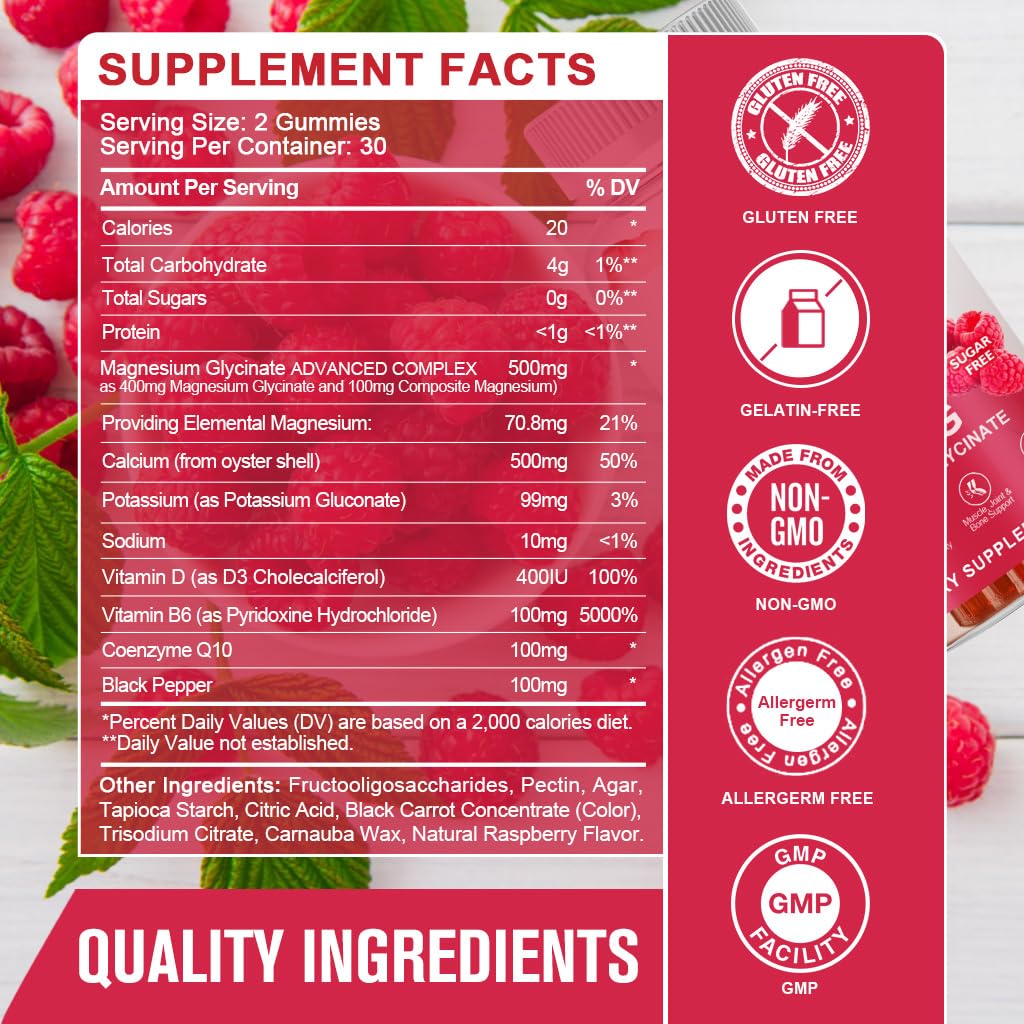 GONGOTA Magnesium Glycinate Gummies 400 mg + 100 mg Magnesium Compound with Vitamin D & B6 | Sugar-Free, 180 Gummies