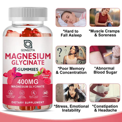 GONGOTA Magnesium Glycinate Gummies 400 mg + 100 mg Magnesium Compound with Vitamin D & B6 | Sugar-Free, 180 Gummies