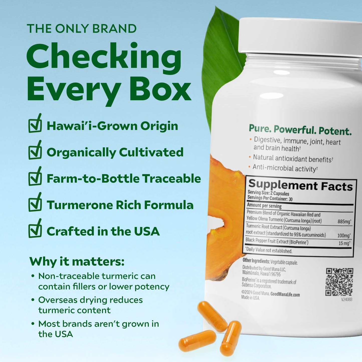 Good Mana Olena Gold Hawaii-Grown Turmeric Supplement - Organic Turmeric Curcumin with Black Pepper - Joint Support & Inflammation Relief - 60 Vegan Capsule
