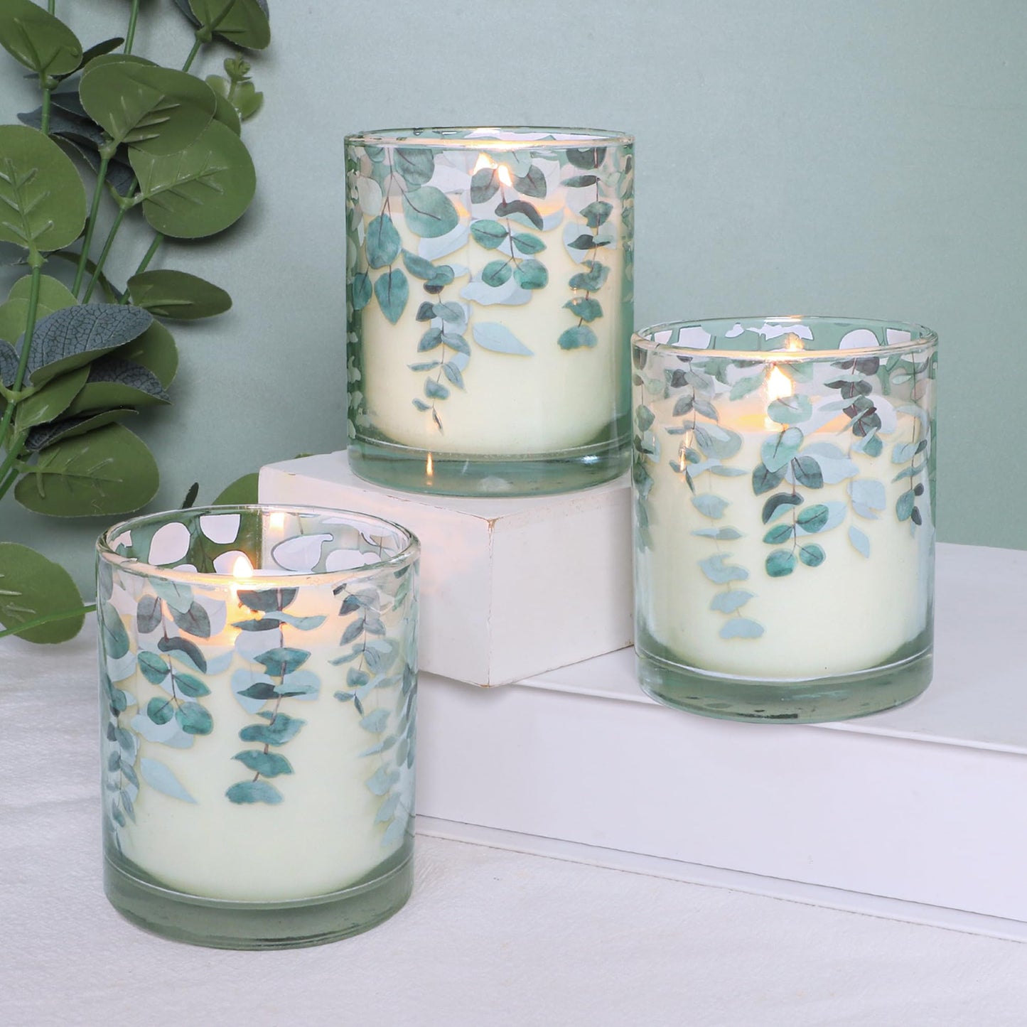 GORGE MOMENT Eucalyptus Scented Candles – 6.5oz Set of 3, Green Glass with Eucalyptus Leaf Design