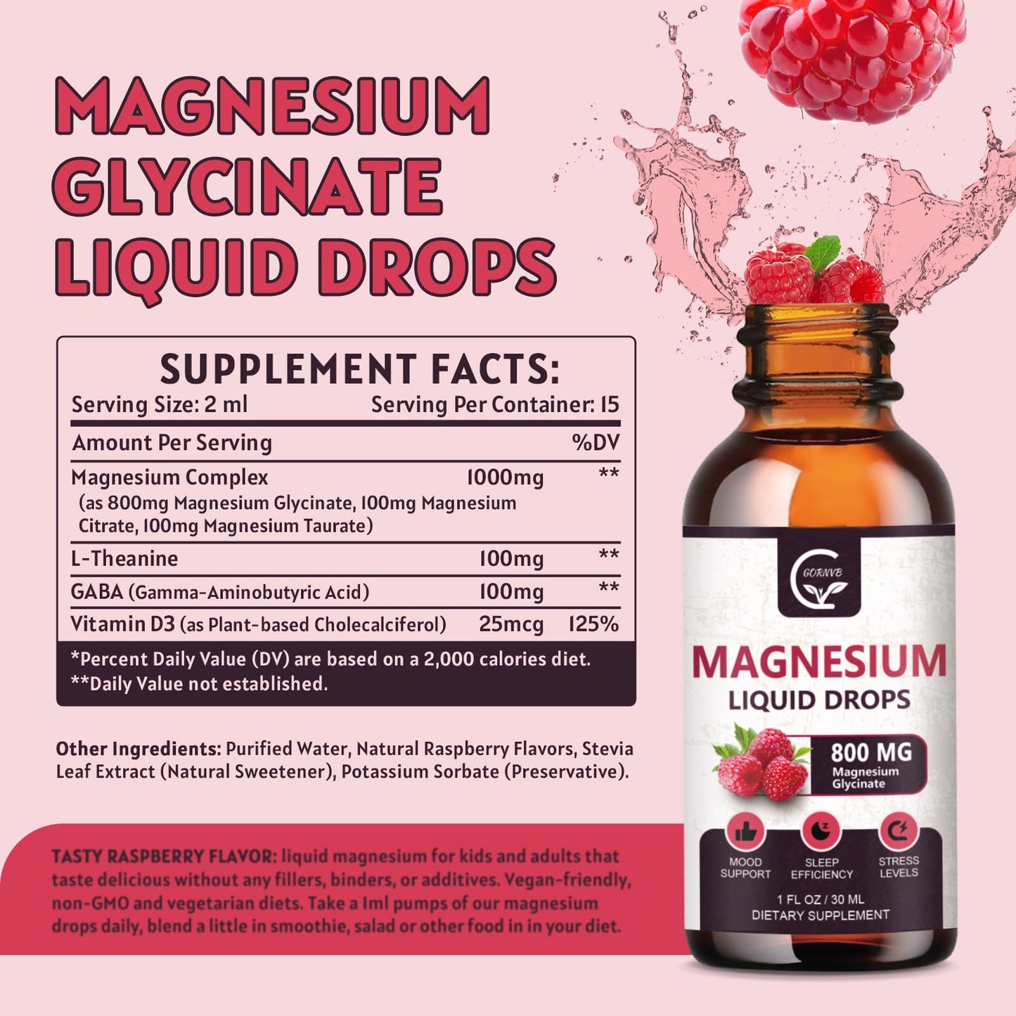 GORNVB Magnesium Glycinate Liquid Drops 1000mg - 2 Pack Raspberry (D3, L-Theanine & GABA)