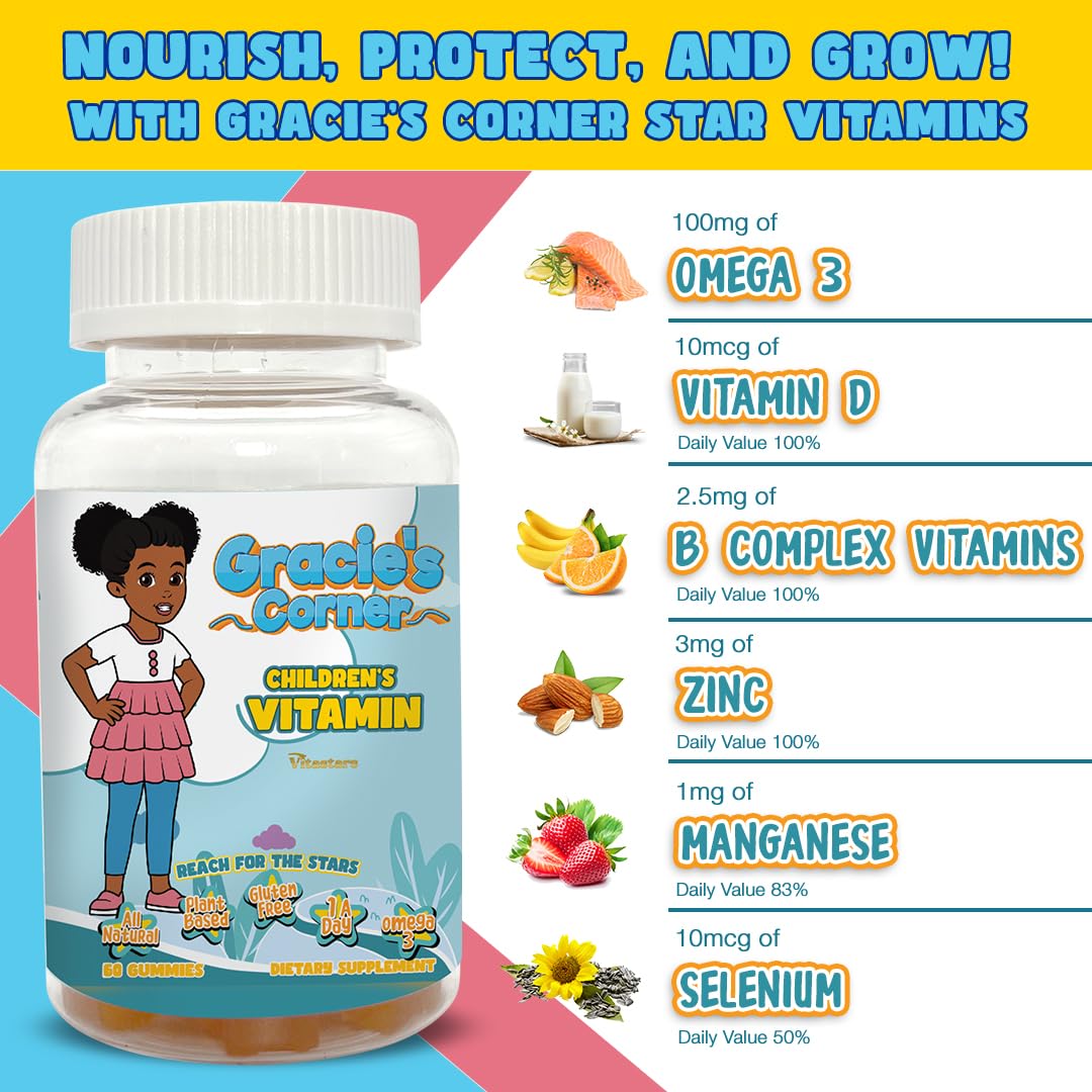 Gracie’s Corner Stars Kids Multivitamin Gummies with Omega-3 – Gluten-Free, Plant-Based Toddler Vitamins (60 Count)