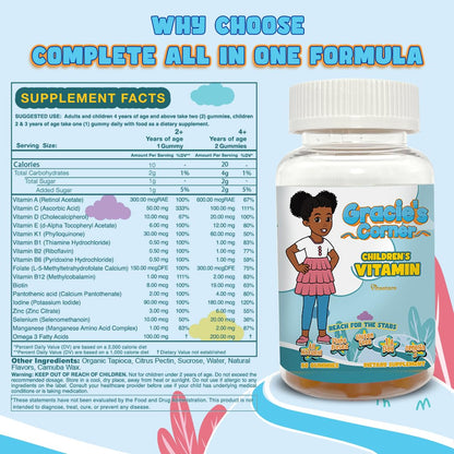 Gracie’s Corner Stars Kids Multivitamin Gummies with Omega-3 – Gluten-Free, Plant-Based Toddler Vitamins (60 Count)