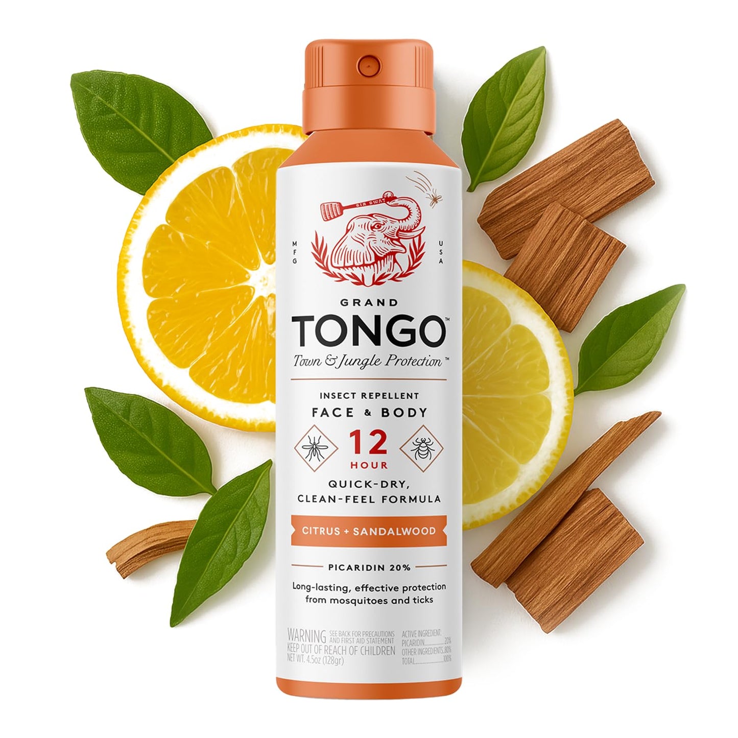 Grand Tongo DEET-Free Insect Repellent with Picaridin | 12-Hour Protection • Citrus + Sandalwood
