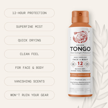 Grand Tongo DEET-Free Insect Repellent with Picaridin | 12-Hour Protection • Citrus + Sandalwood