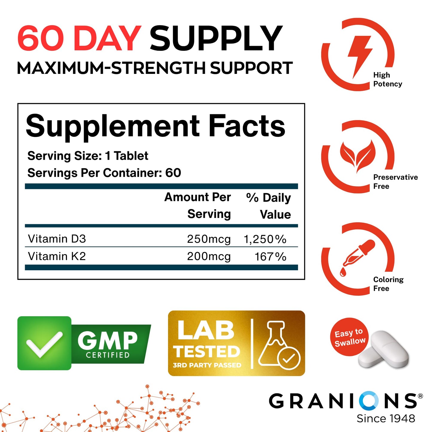 Granions 10,000IU Vitamin D3 K2 MK7 Complex - 60 One-A-Day Tablets | Immune Support, Bone Health