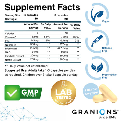 Granions Histamine Balance Complex - Quercetin, Bromelain, NAC & Vitamin C | 60 Vegan Capsules