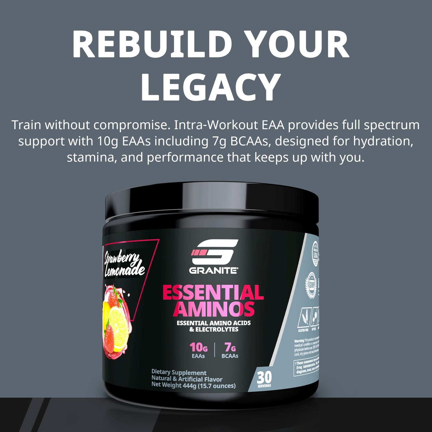 Granite EAAs Powder – 10g EAAs, 7g BCAAs, 448g, Strawberry Lemonade