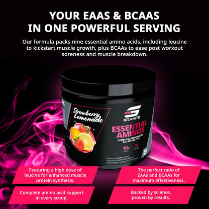 Granite EAAs Powder – 10g EAAs, 7g BCAAs, 448g, Strawberry Lemonade