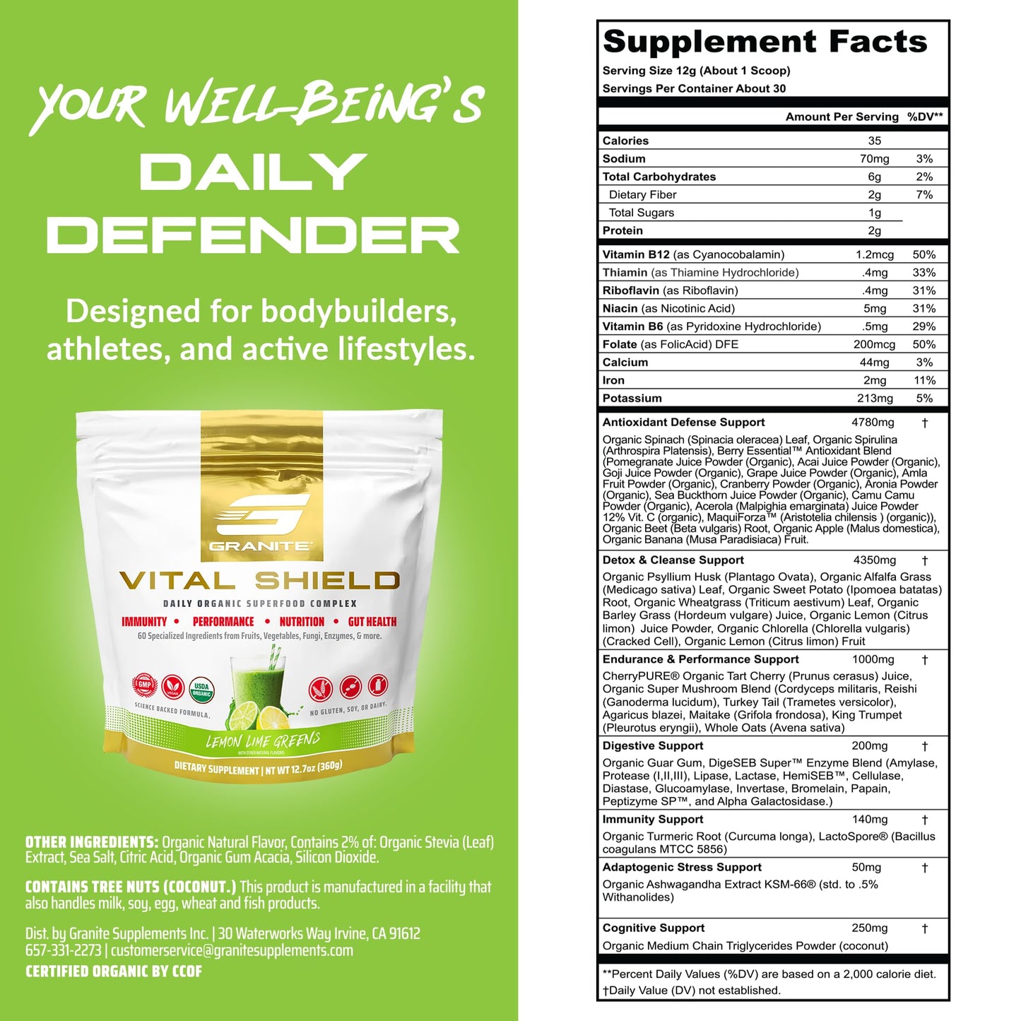 Granite Nutrition Vital Shield – USDA Organic Greens, Mushrooms & Tart Cherry (30 Servings)