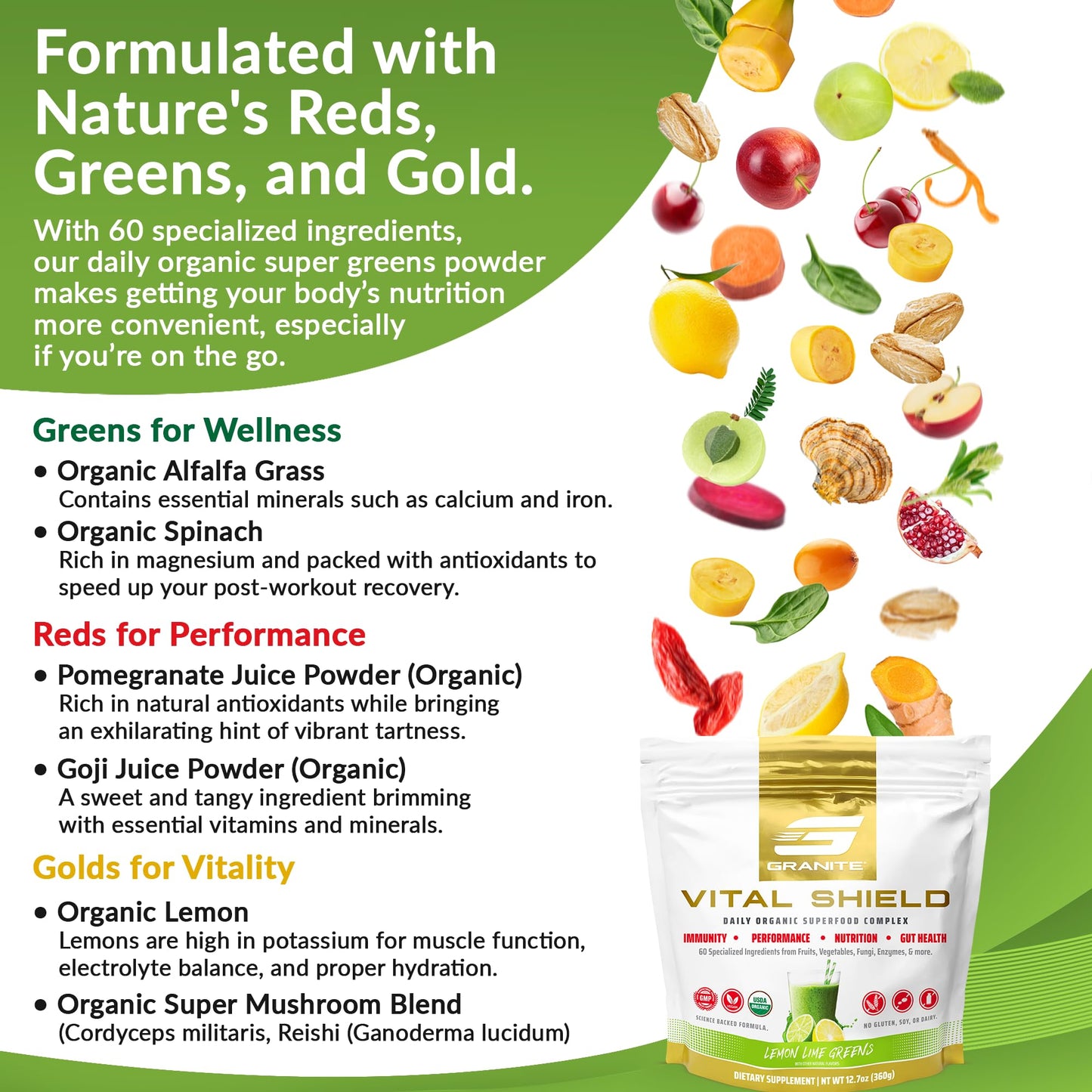 Granite Nutrition Vital Shield – USDA Organic Greens, Mushrooms & Tart Cherry (30 Servings)