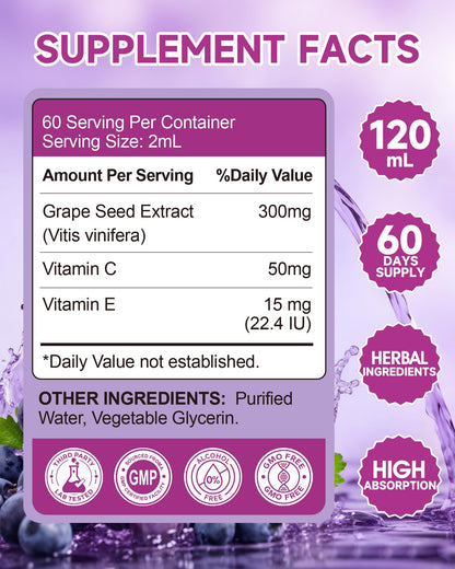 Organic Grape Seed Extract Liquid Drops 300mg – 95% Proanthocyanidins, Non-GMO, 4 fl oz