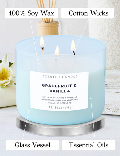 Grapefruit Vanilla 3-Wick Soy Candle 15.8 oz | Strong Throw, Clean Burn