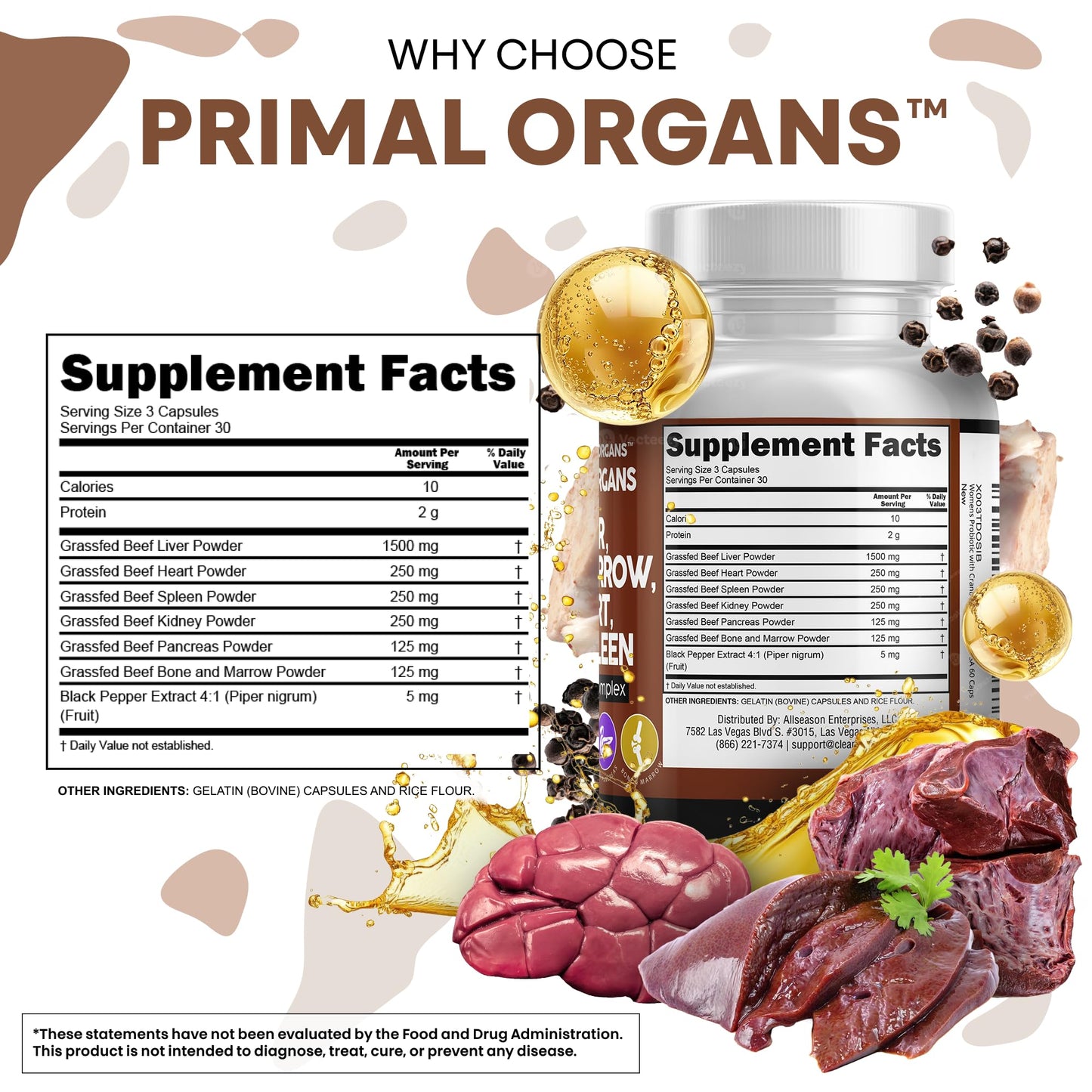 Grass Fed Beef Liver Capsules with Desiccated Organs (Heart, Spleen, Pancreas) + Bone & Marrow | Premium Quality