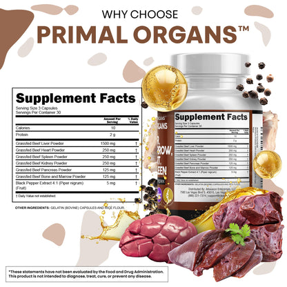 Grass Fed Beef Liver Capsules with Desiccated Organs (Heart, Spleen, Pancreas) + Bone & Marrow | Premium Quality