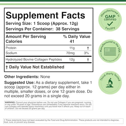 Collagen Peptides Powder - Hydrolyzed Multi-Type I/II/III | Grass-Fed Bovine | 16.08oz | Double Wood