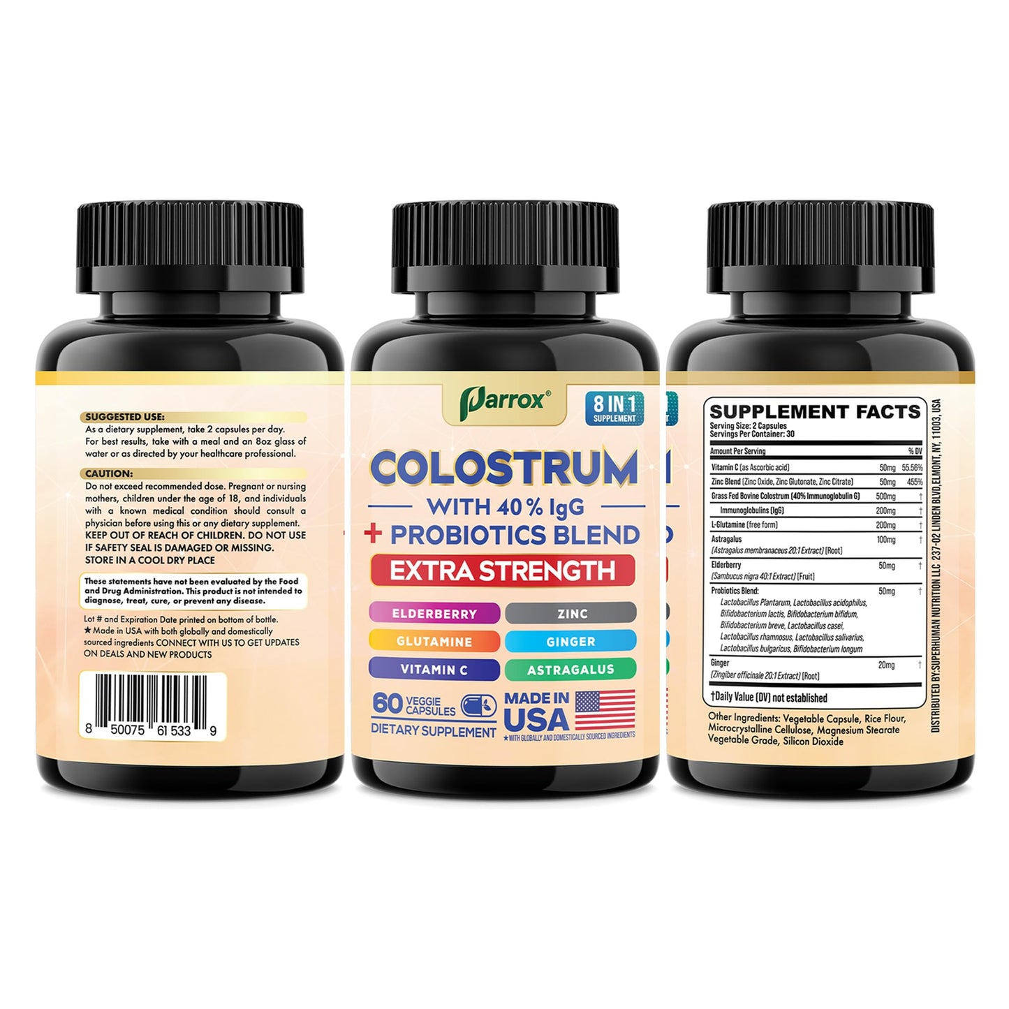 Parrox Colostrum Capsules – Grass-Fed 40% IgG, 8-in-1 Probiotic Wellness