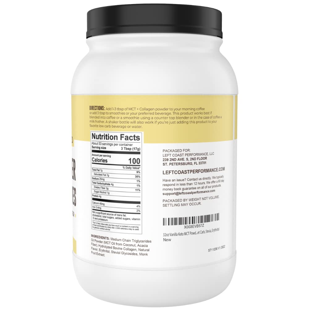 Left Coast Performance MCT Oil Powder with Acacia Fiber & Collagen – Vanilla, 32 oz