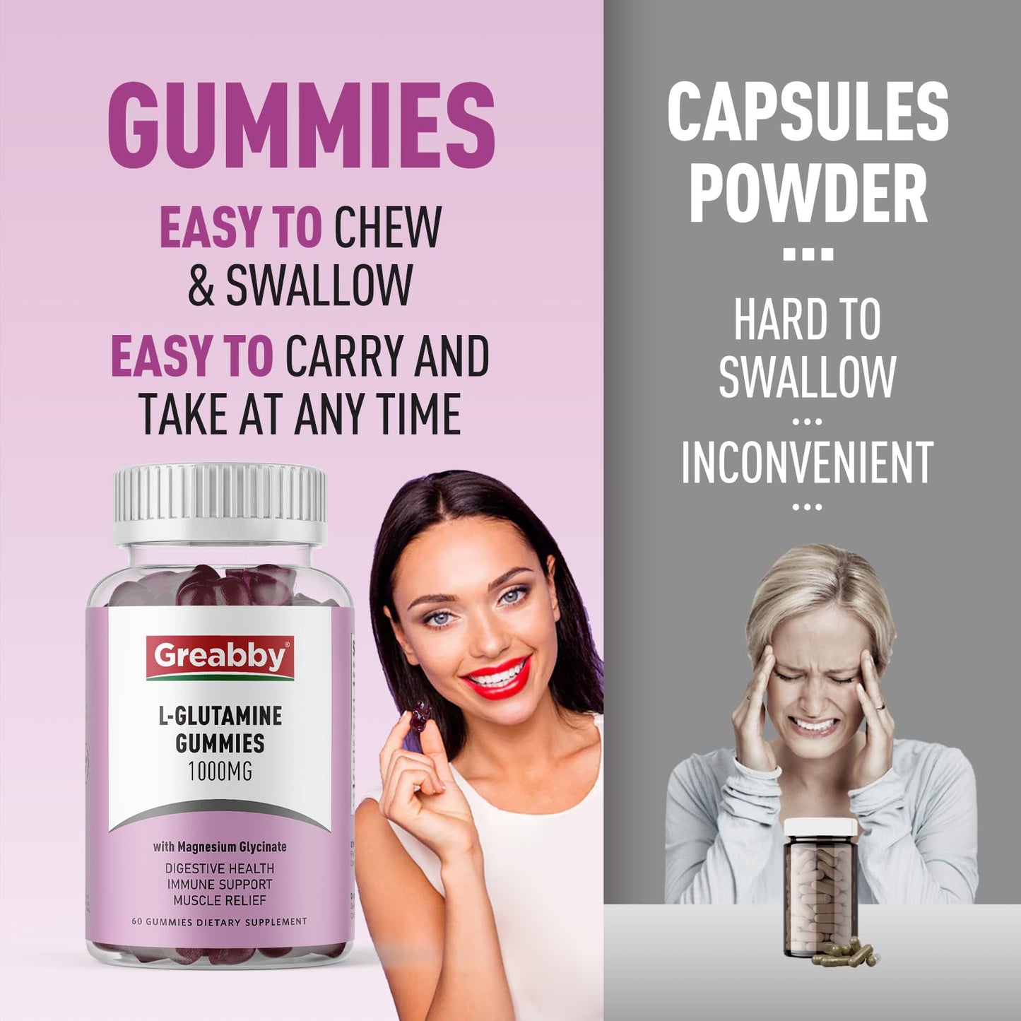 GREABBY L Glutamine 1000mg Gummies – Immune Support & Muscle Relief (60 Count)