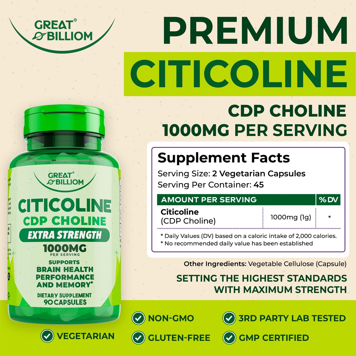 Great Billiom CDP Choline 1000mg - Nootropic Brain Support for Memory & Focus