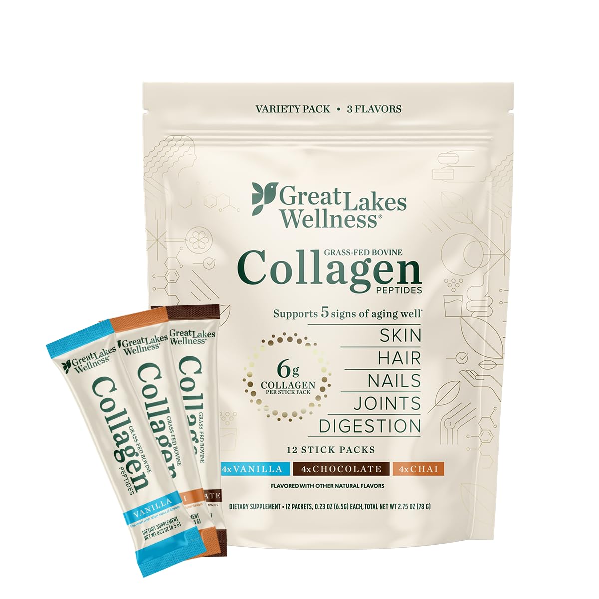 Great Lakes Wellness Collagen Peptides Powder – Skin, Hair, Nails, Joints & Digestion | 12 Sticks