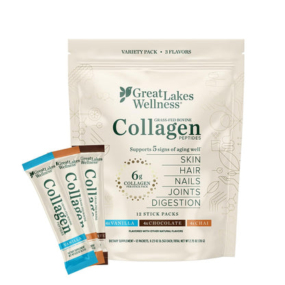Great Lakes Wellness Collagen Peptides Powder – Skin, Hair, Nails, Joints & Digestion | 12 Sticks