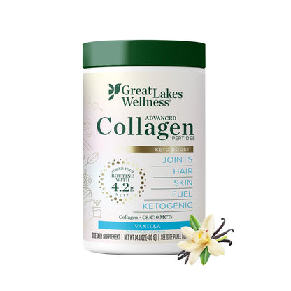Great Lakes Wellness Keto Boost Collagen Peptides Powder – Vanilla, 14.1 oz | 4.2g MCTs, Non-Dairy Coffee Creamer, Non-GMO, Kosher