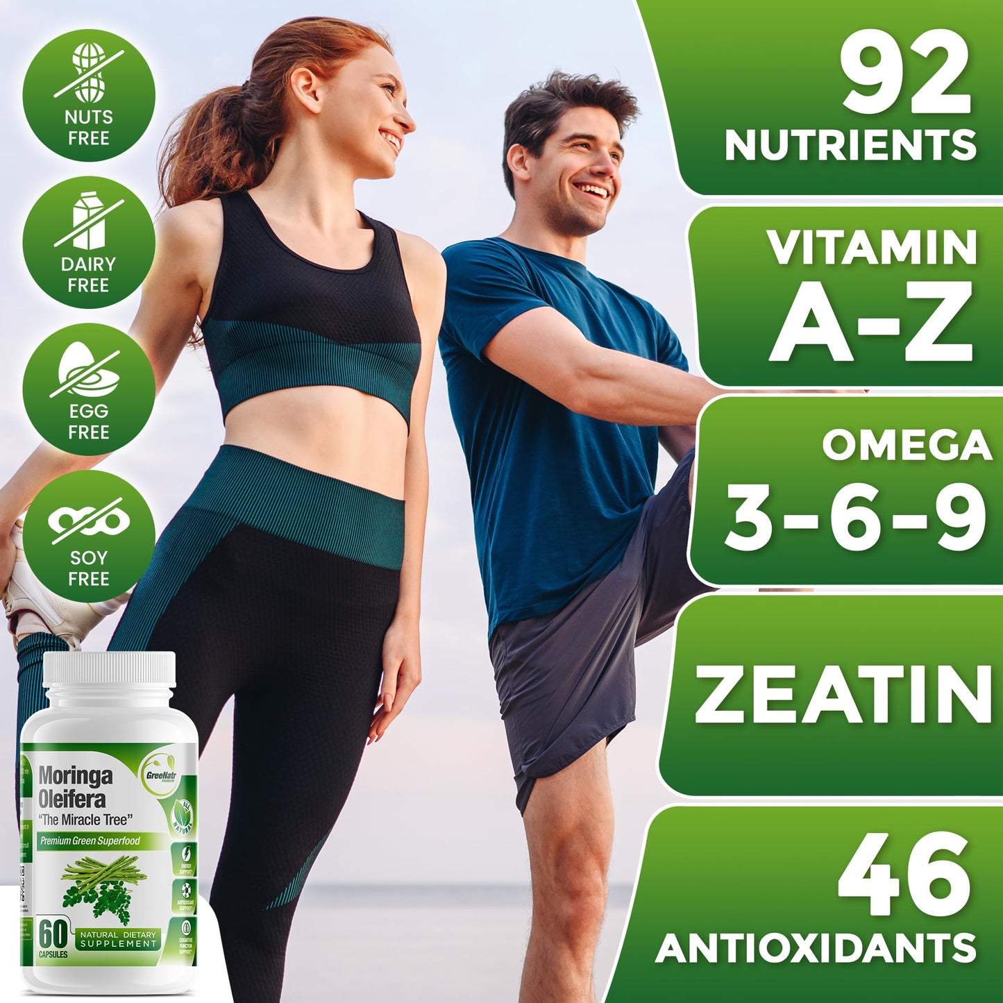 GreeNatr Pure Moringa Oleifera Capsule 1000 mg | Natural Energy & Focus | Premium Green Superfood (3 Bottles)
