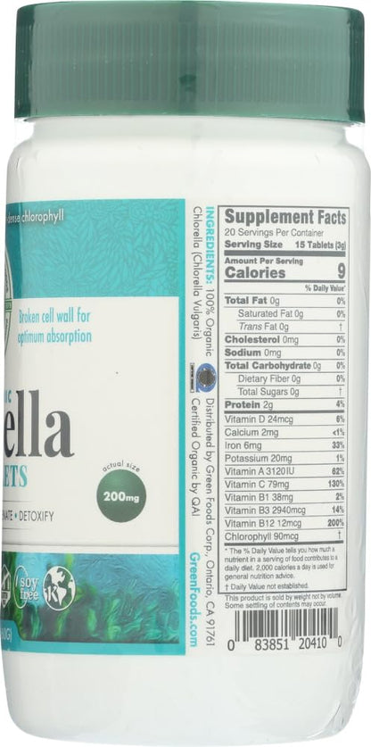 Green Foods Organic Chlorella 200 Mg, 2.1 oz, 300 Count