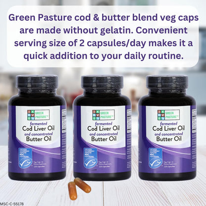 Green Pasture Fermented Cod Liver Oil & Butter Oil Blend - 120 Capsules