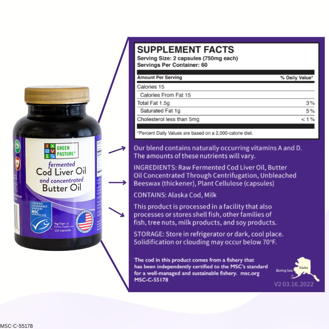 Green Pasture Fermented Cod Liver Oil & Butter Oil Blend - 120 Capsules