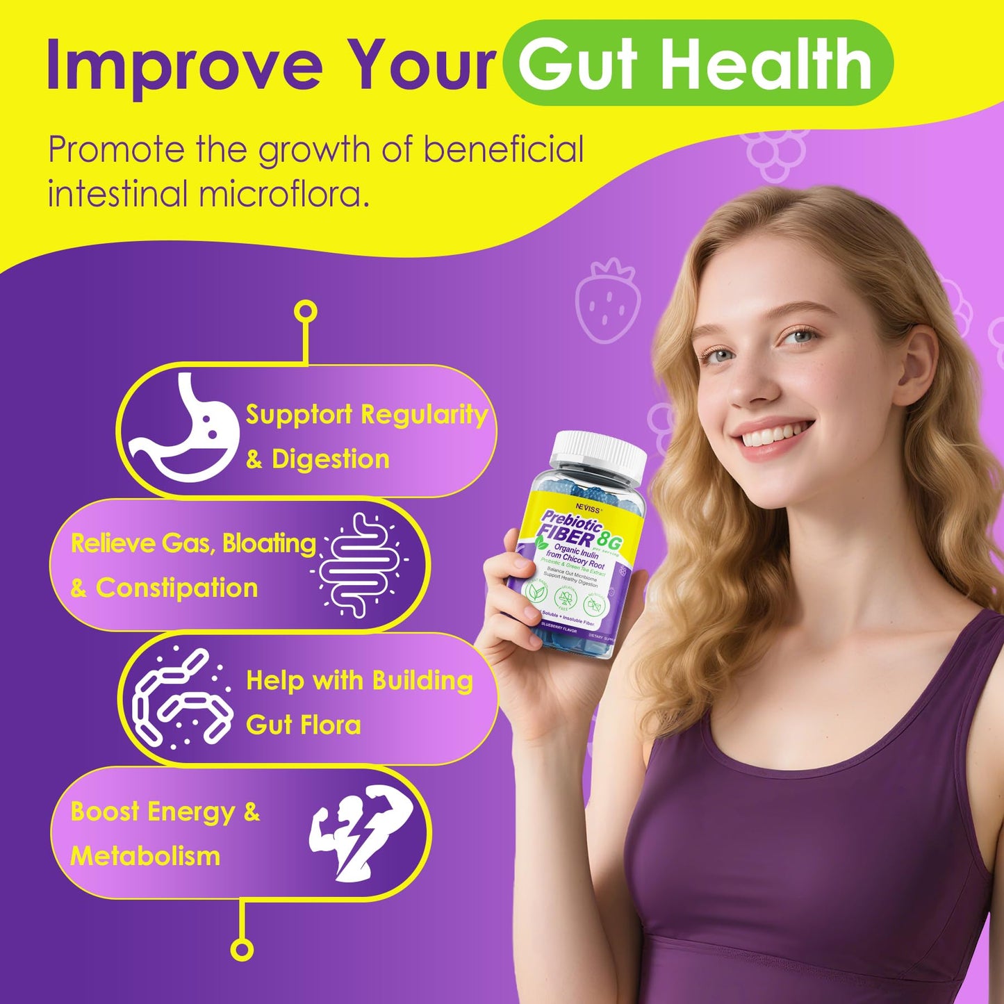 Fiber Gummies for Adults - 8g Daily Fiber, Probiotics & Green Tea