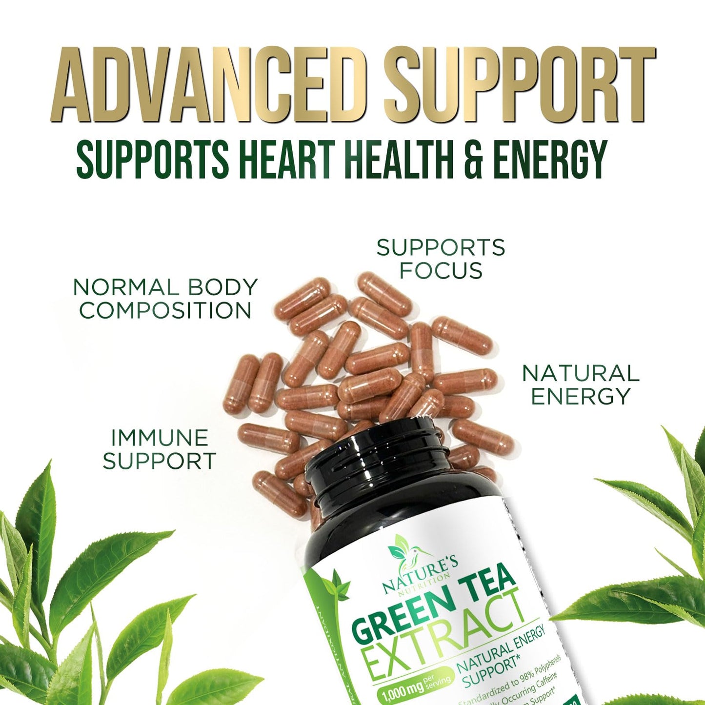 Green Tea Extract Capsules 1000 mg | 45% EGCG & 98% Polyphenols | 3X Strength | Vegan, Non-GMO, 240 Capsules