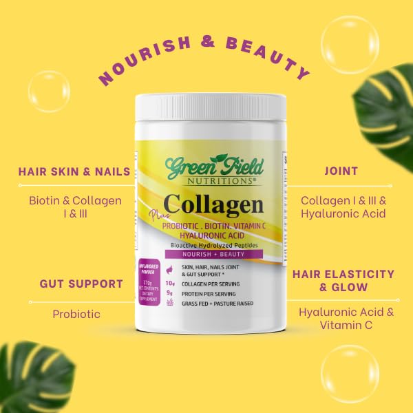 Greenfield Nutritions Halal Collagen Peptides Powder – 9g Protein, Probiotic, Biotin, Hyaluronic Acid & Vitamin C (270g)