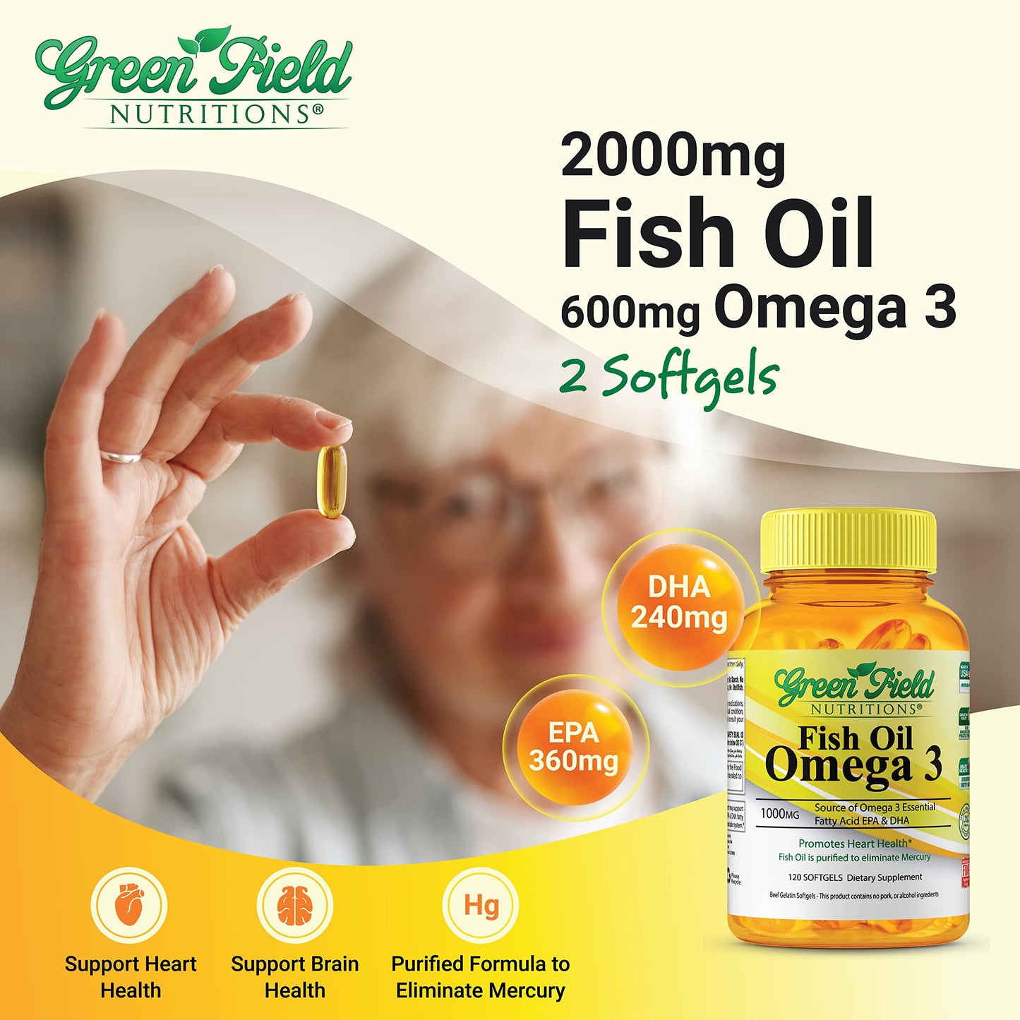 Greenfield Nutritions Halal Fish Oil 1000mg - Omega-3 300mg per Softgel, EPA 180mg & DHA 120mg, 120 Pills