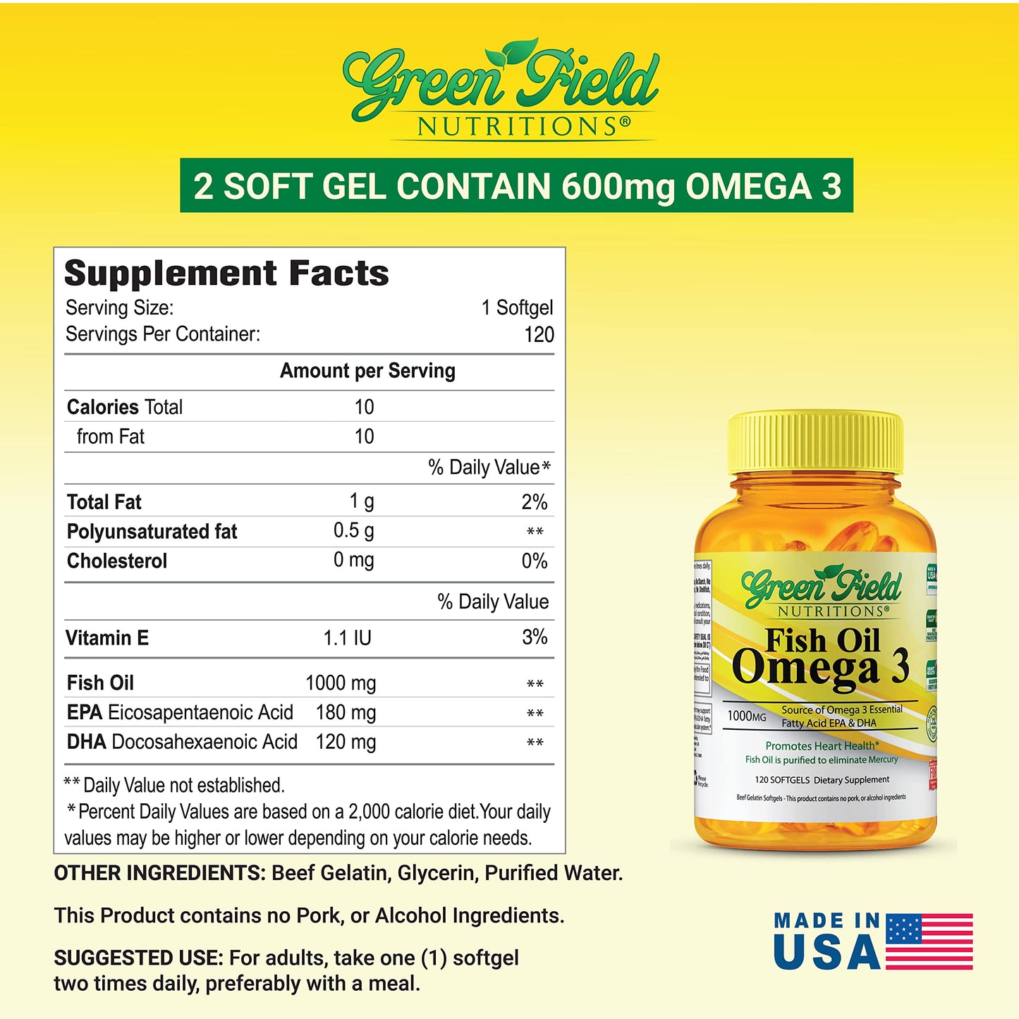 Greenfield Nutritions Halal Fish Oil 1000mg - Omega-3 300mg per Softgel, EPA 180mg & DHA 120mg, 120 Pills