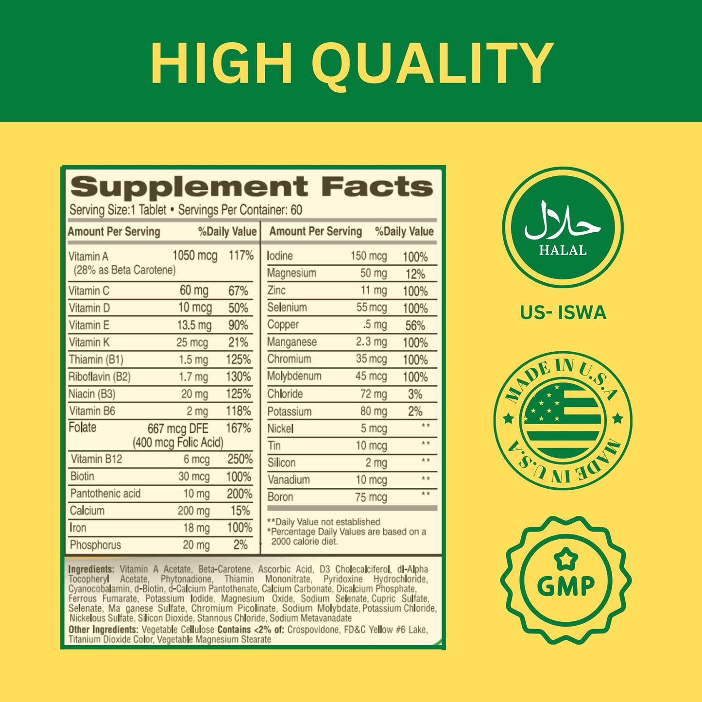 Greenfield Nutritions Halal Multivitamins for Women & Men – 60 Gelatin-Free Tablets
