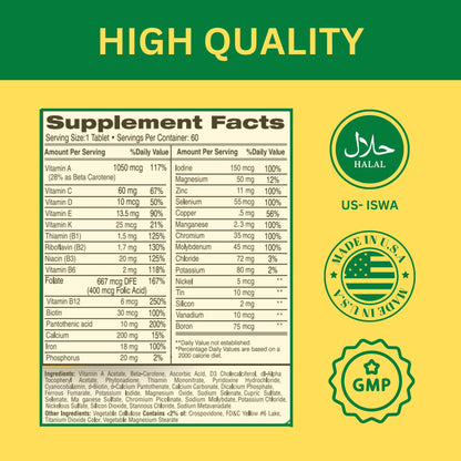 Greenfield Nutritions Halal Multivitamins for Women & Men – 60 Gelatin-Free Tablets
