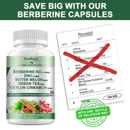 GREENPEOPLE Berberine Supplement with Ceylon Cinnamon - 1500mg Berberine, GLP-1 & AMPK Activation, Immune Support (60 Count)