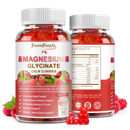 GREENPEOPLE Magnesium Glycinate Gummies 400mg — Sugar Free Raspberry Flavor, Vitamin D & B6 for Calm Support
