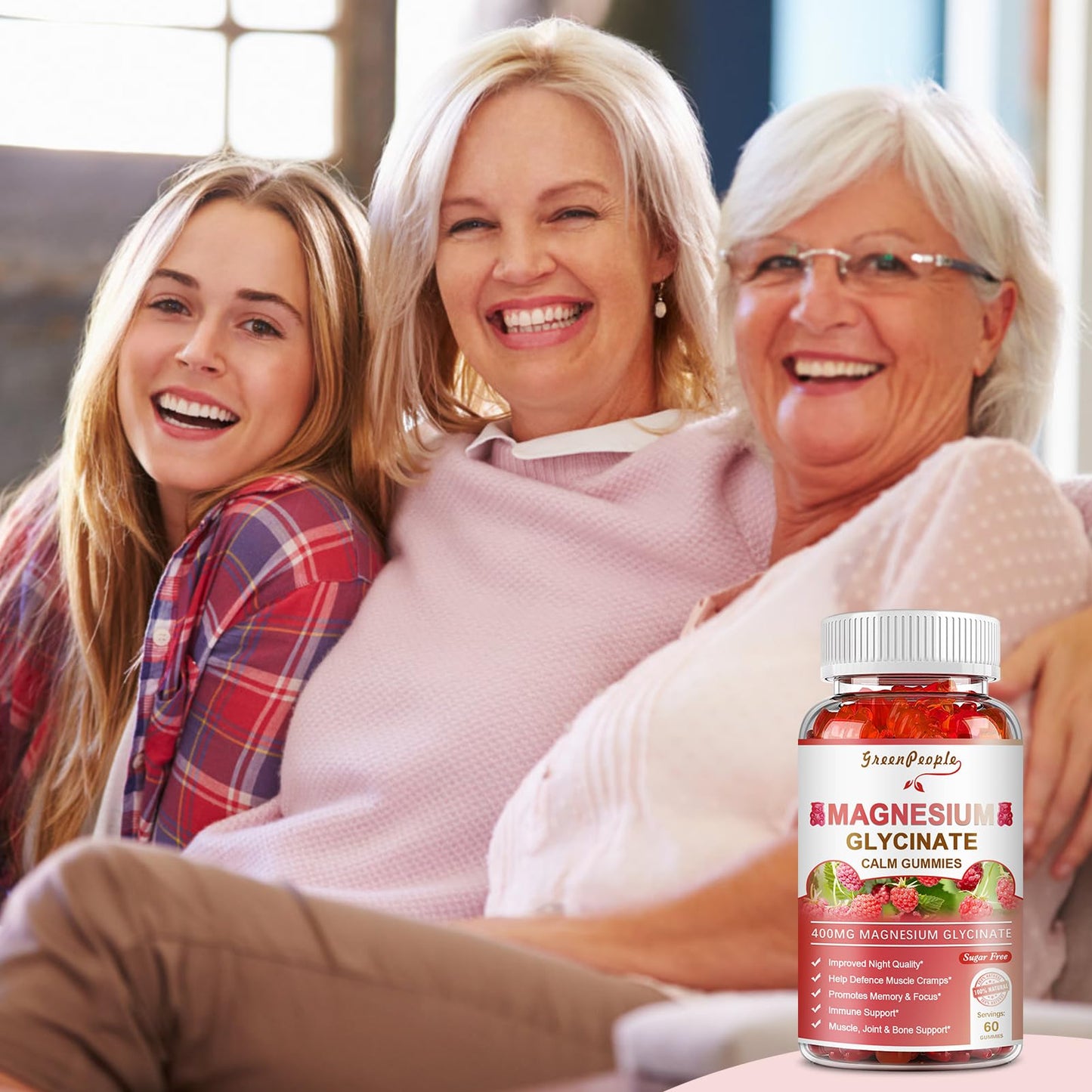 GREENPEOPLE Magnesium Glycinate Gummies 400mg — Sugar Free Raspberry Flavor, Vitamin D & B6 for Calm Support